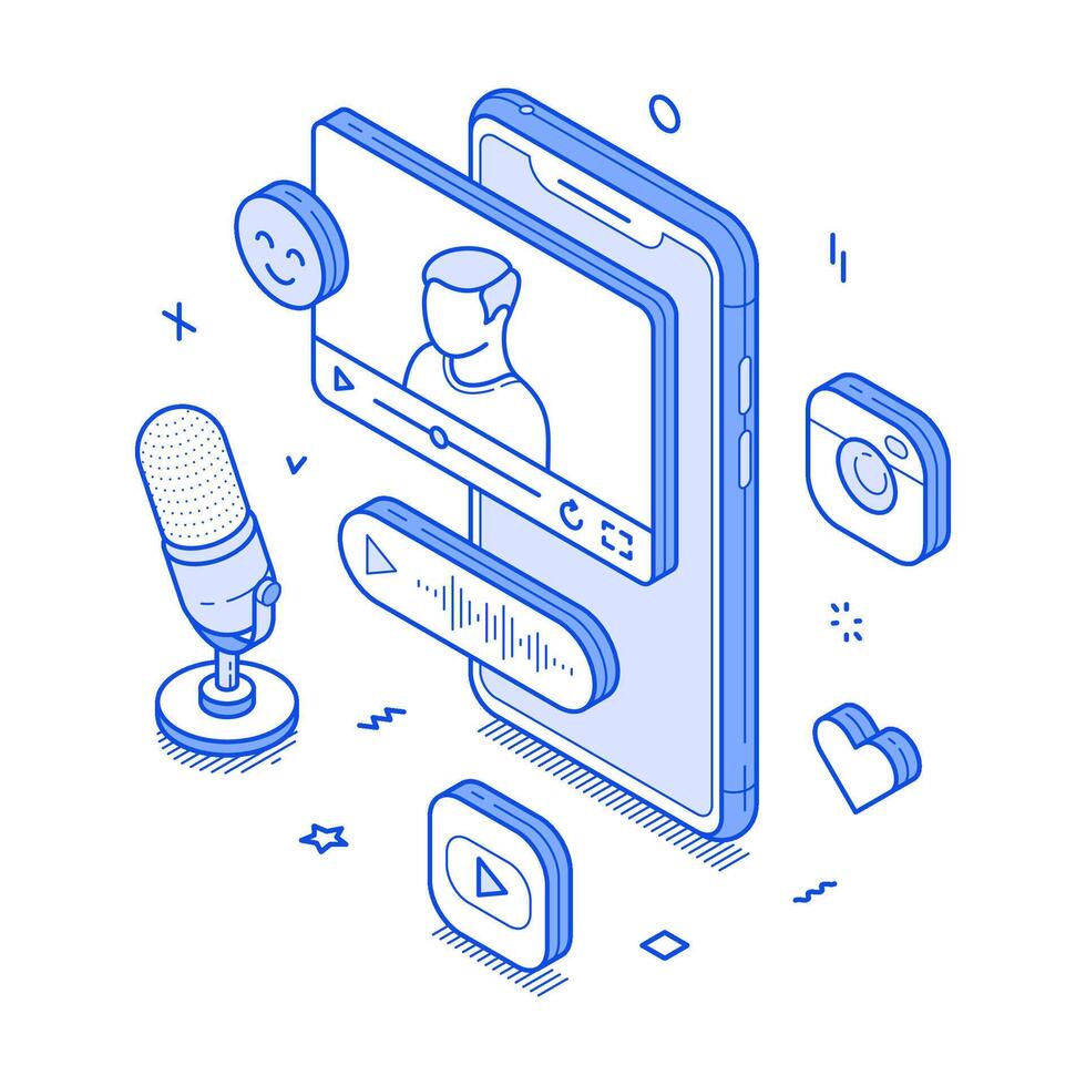 Social media content podcast blog vlog smartphone application minimalist isometric vector