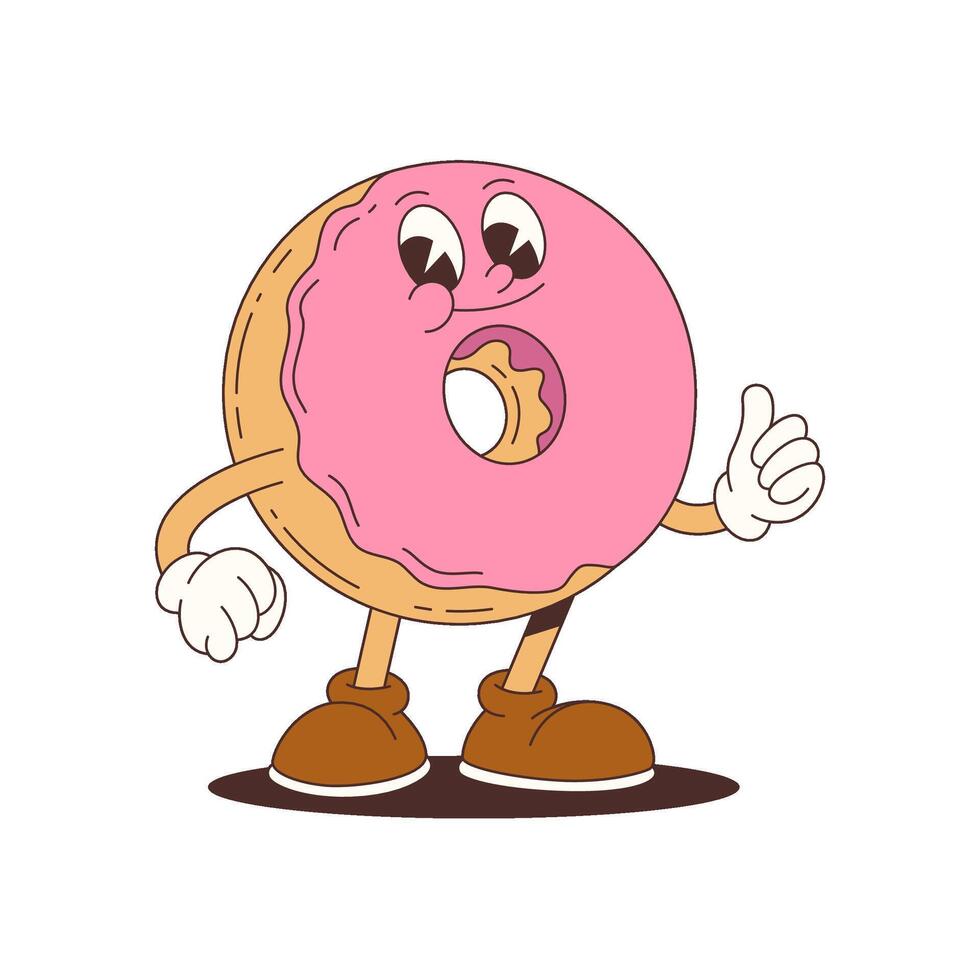 Cheerful Animated Pink Donut Mascot Wearing Gloves Shoes With Raised Hand For Food Marketing Illustration vector