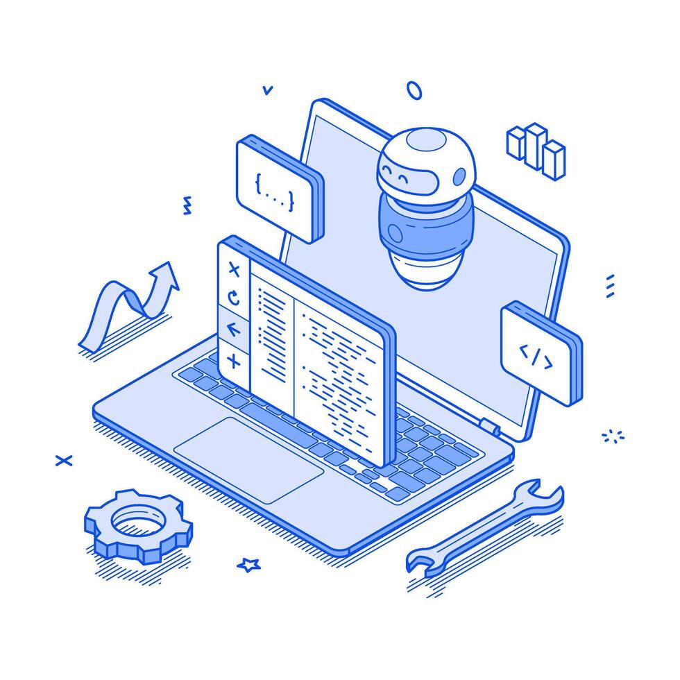 Artificial intelligence software development coding programming minimalist isometric vector