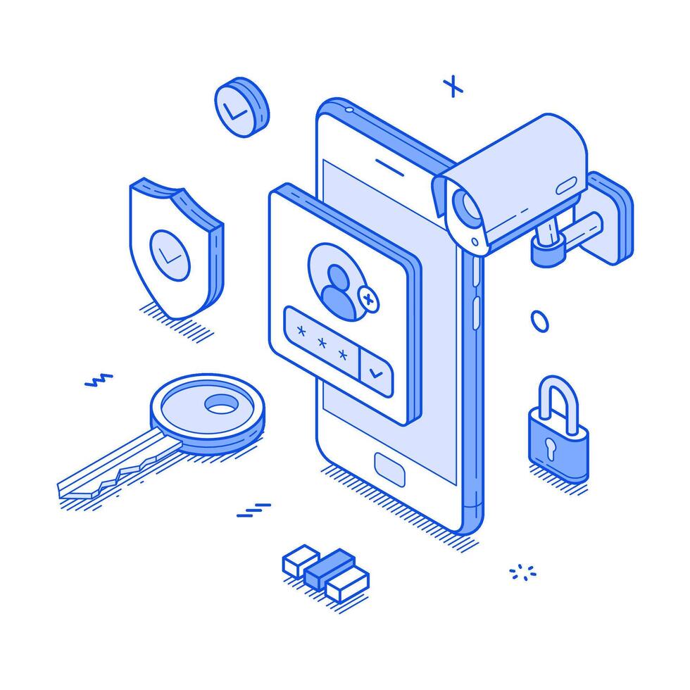 Smartphone user account security personal data information protect minimalist isometric vector