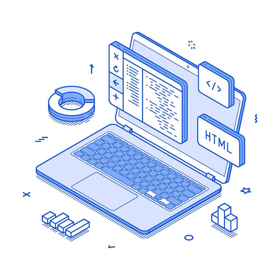 Programming coding soft web development computer engineering minimalist isometric vector