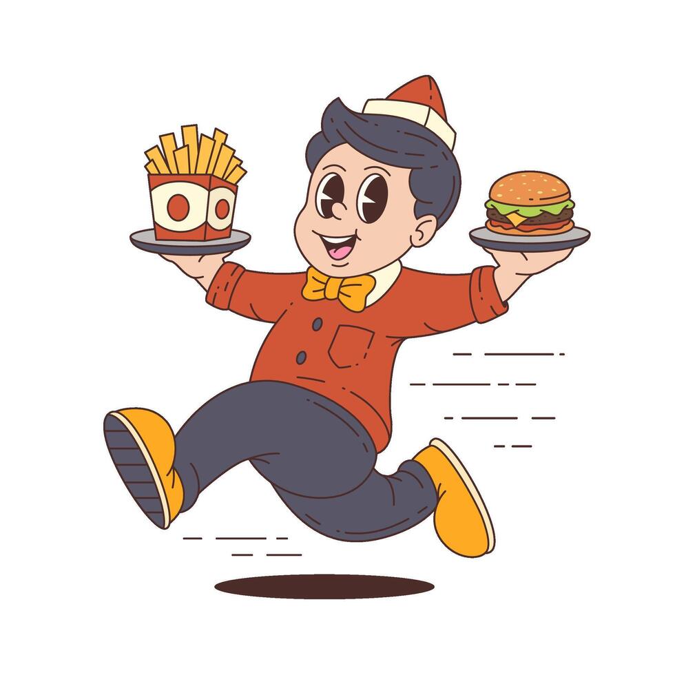 Cheerful Fast Food Delivery Mascot Character in Red Uniform with Burger and Fries in Motion vector