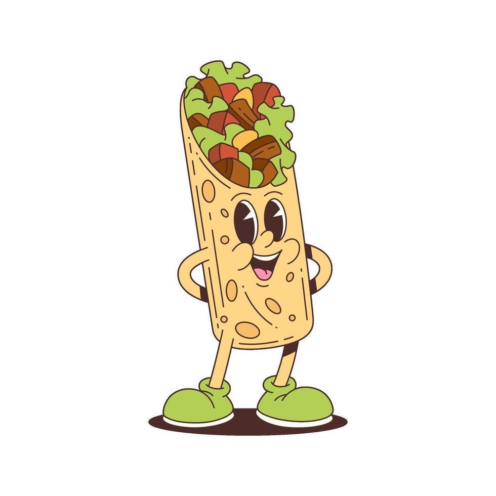 Funny Burrito Character Mascot with Vegetables and Meat in Cute Cartoon Style for Food Projects vector