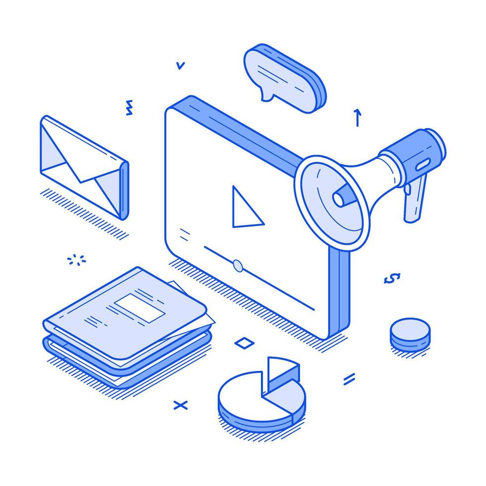 Social media network content marketing blog vlog live streaming minimalist isometric vector