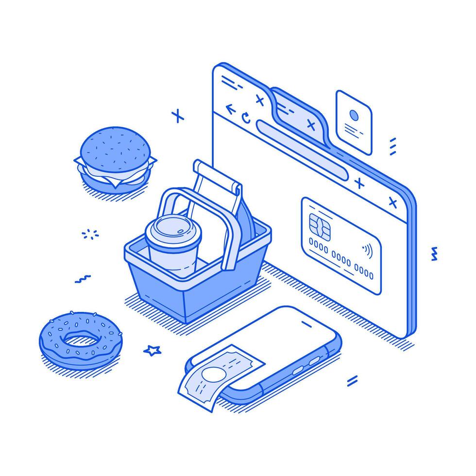 Food delivery takeaway order online payment shopping web browser minimalist isometric vector