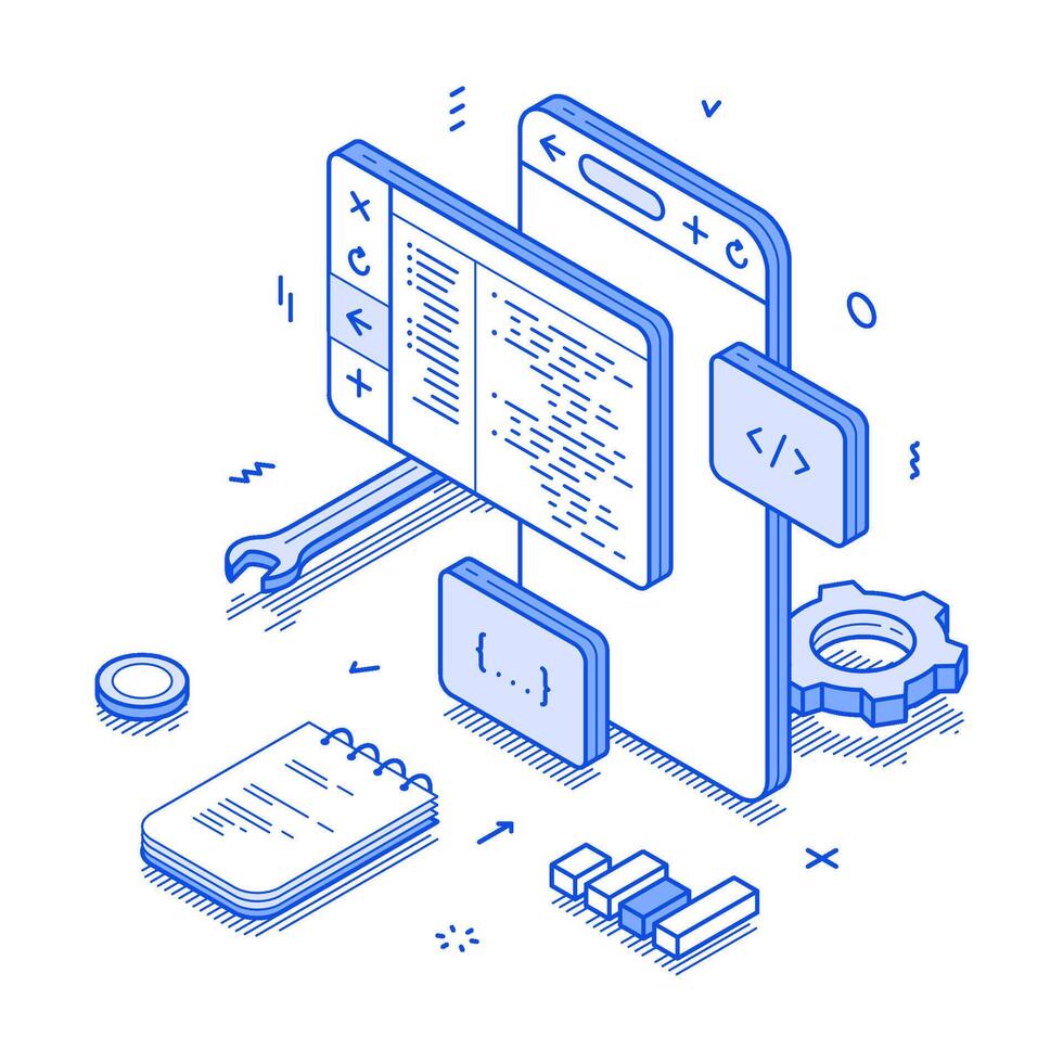 Mobile application web development big data software code programming minimalist isometric vector