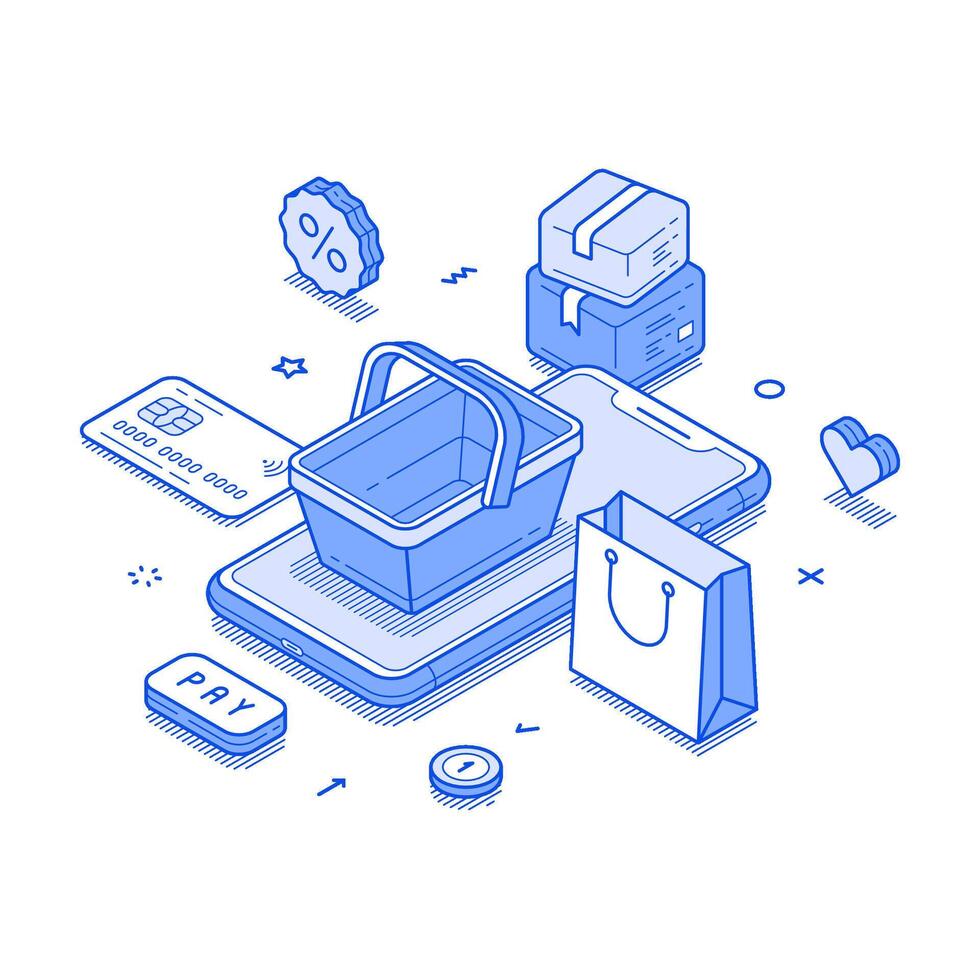 Online shopping marketplace order smartphone application minimalist isometric vector