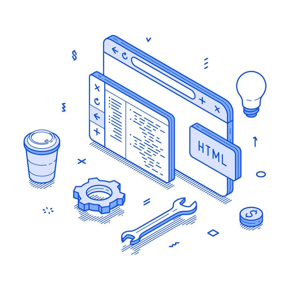 Web development programming coding software script digital technology minimalist isometric vector
