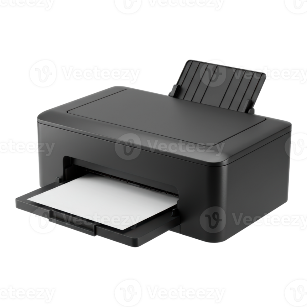Black Printer with Paper Tray Open Transparent Background png