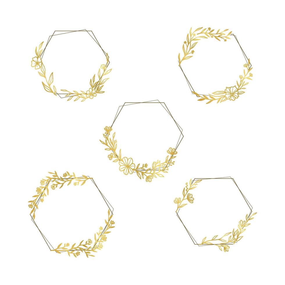 Gold floral hexagon frame vector