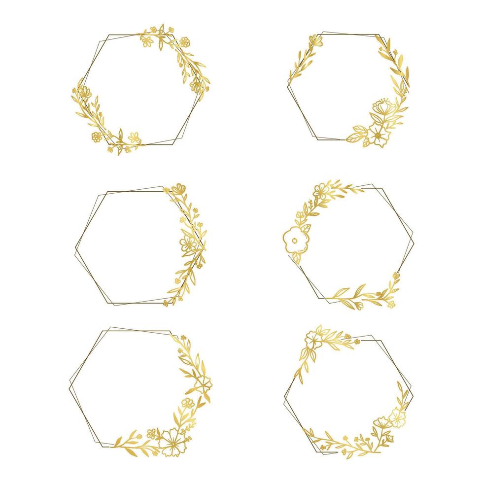 Gold hexagon frame with floral decoration vector