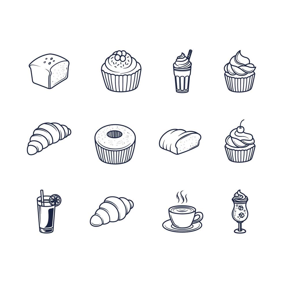 Simple Doodle Bakery and Pastry Outline Illustra Settion vector