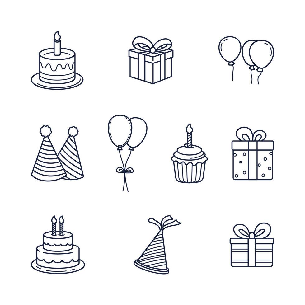 Doodle Happy Birthday Simple Outline Illustration Set vector