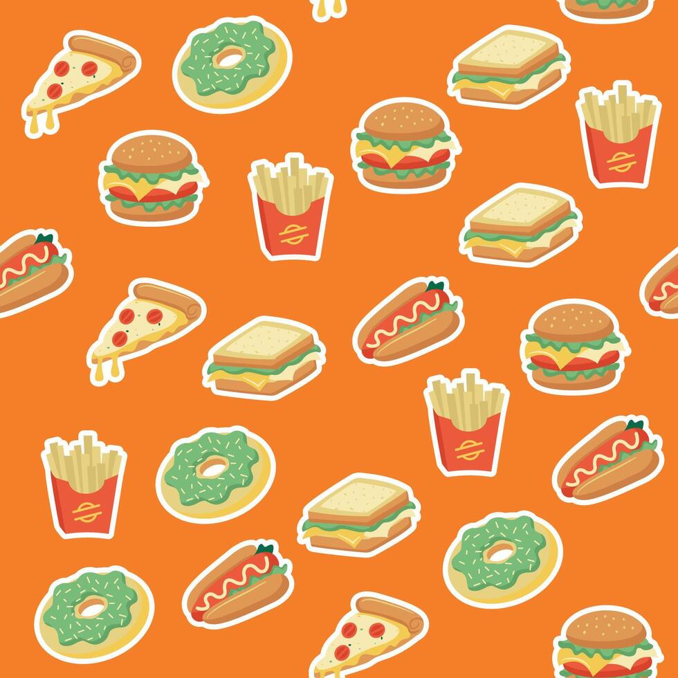 A Vibrant Orange Background Featuring a Fun Fast Food Seamless Pattern vector