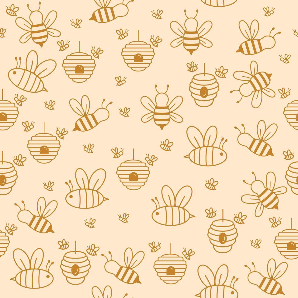 Cartoon Hand Drawn Bees and Beehives Seamless Pattern Background vector