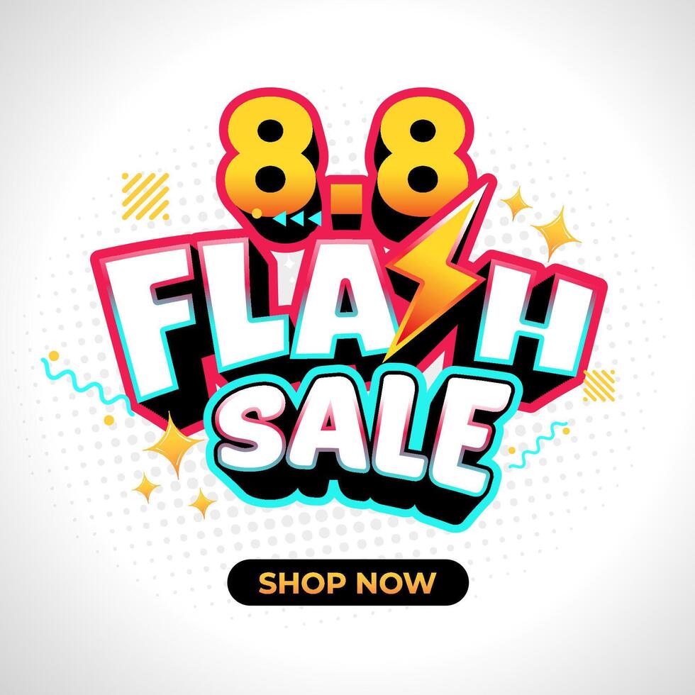 Big, bold and colorful text announces an 8.8 flash sale. Discounts and offers promo banner template vector