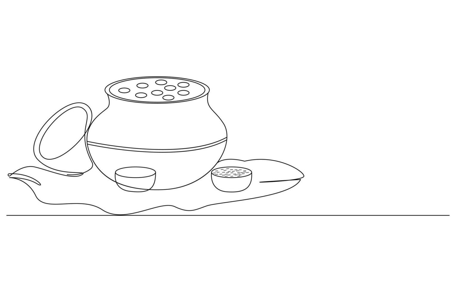 Traditional Clay Pot with Food and Serving Dishes, Minimalist Line Art of Eggs and Umbrella on a Plate Onam Festival Line Art, vector