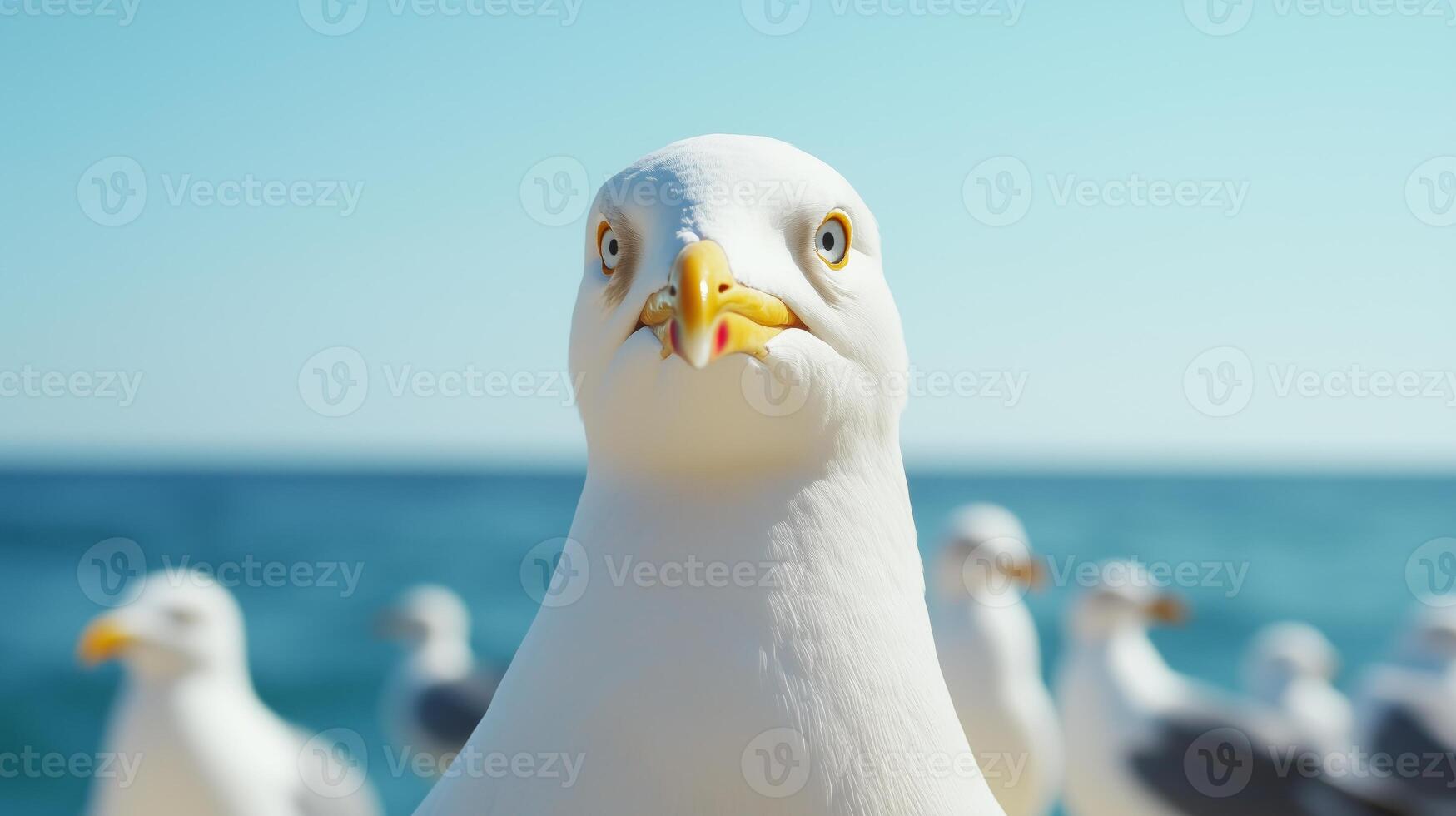 A seagull is standing in front of a group of other birds photo