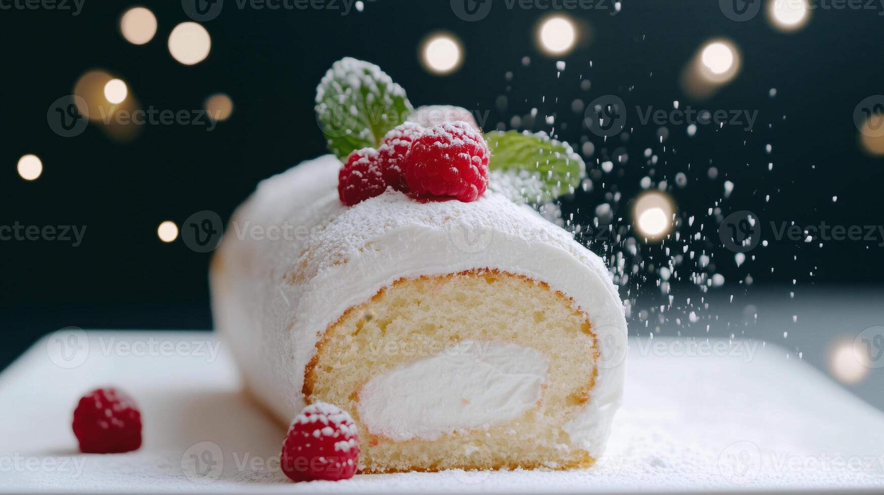 A roll of cake with raspberries on top photo