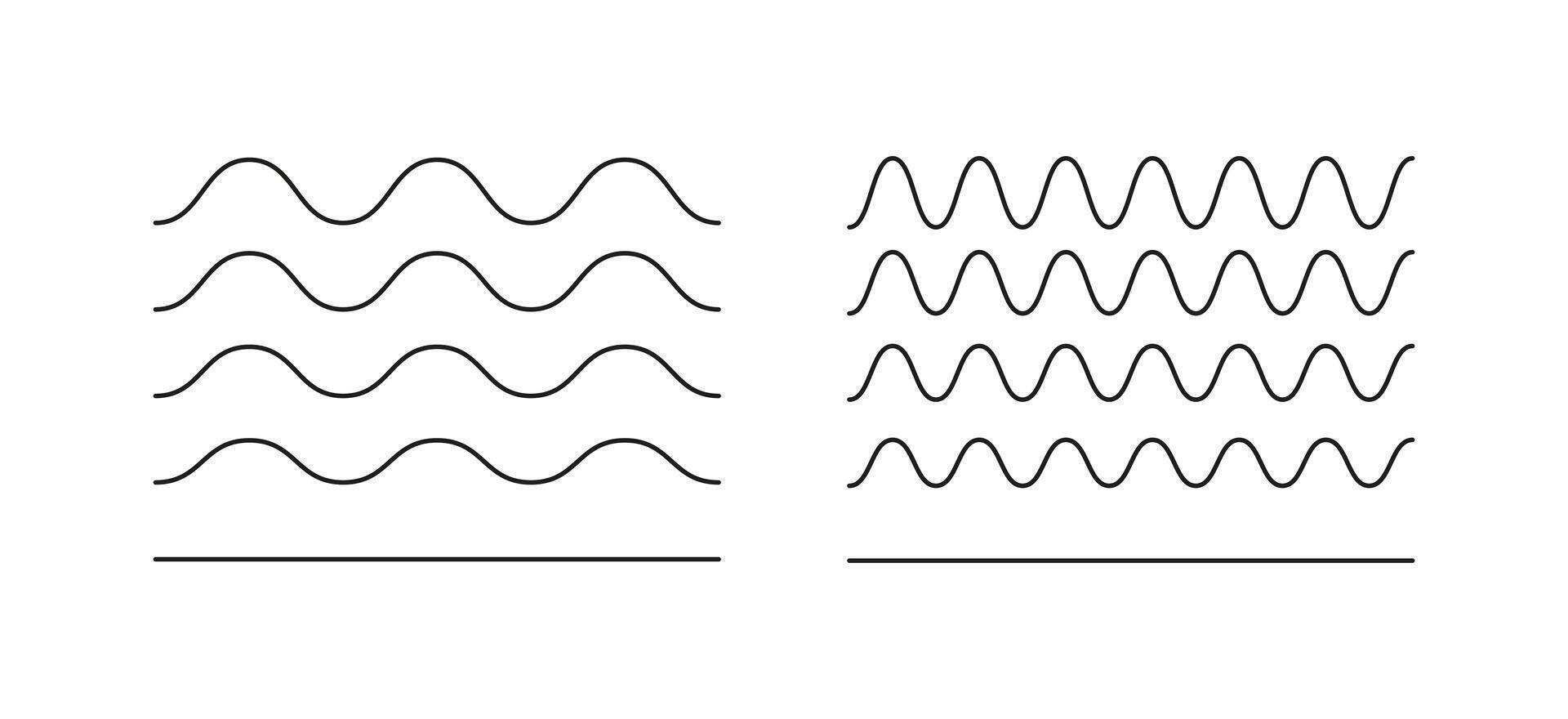 Wavy, curvy lines. Water, river, lake, sea, ocean flat symbols. Simple undulate borders, transverse horizontal lines templates. Sine, fluid, air, wind sign. Outline black thin graphic illustration. vector