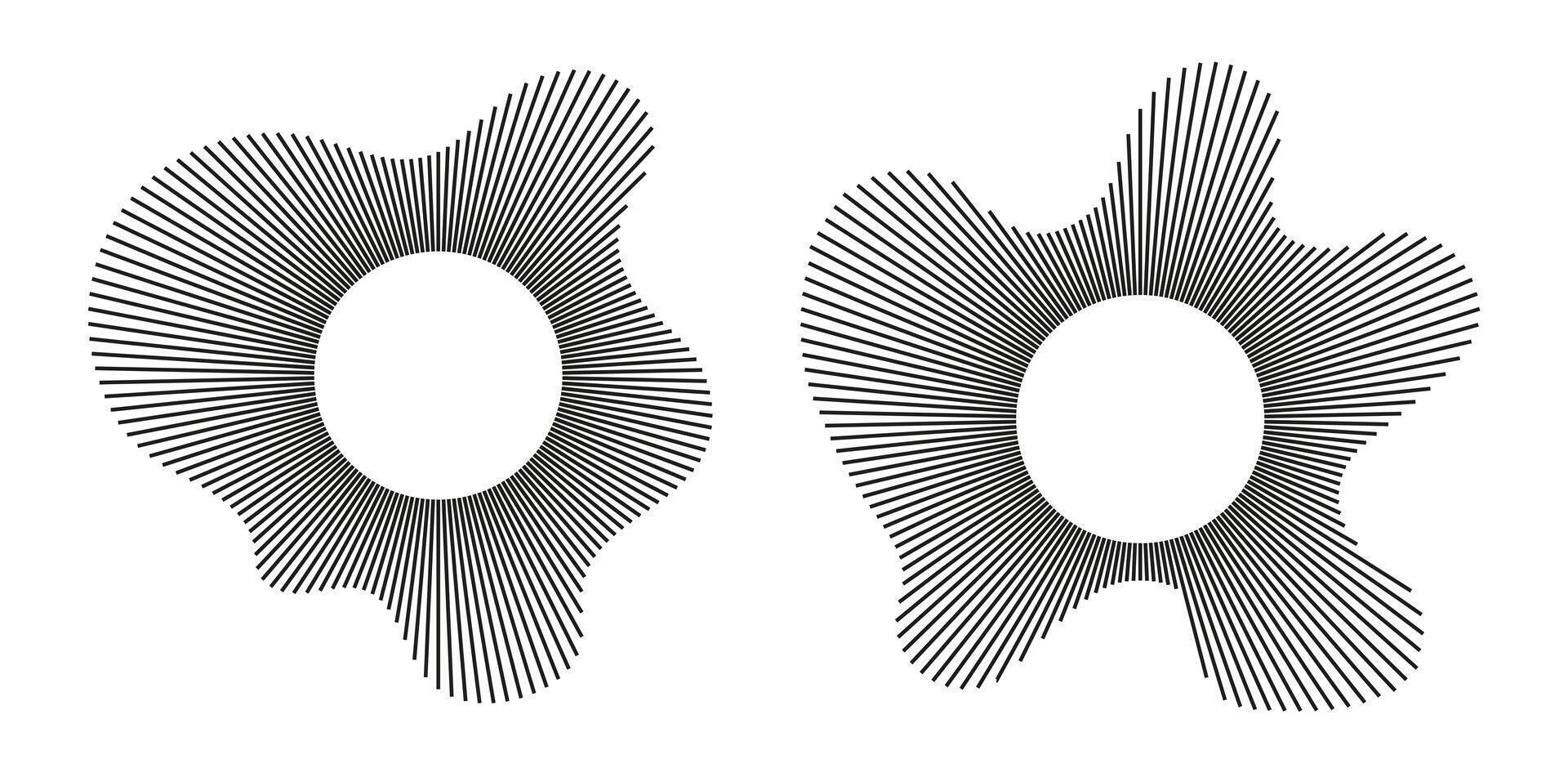 Set of circular wave. Sound circle lines. Radial frames. Sound ring. Wavy black pattern. Radial rays. Wavy design element. Equalizer logo, radial spectrum. Voice symbols. Depicting audio music icons. vector