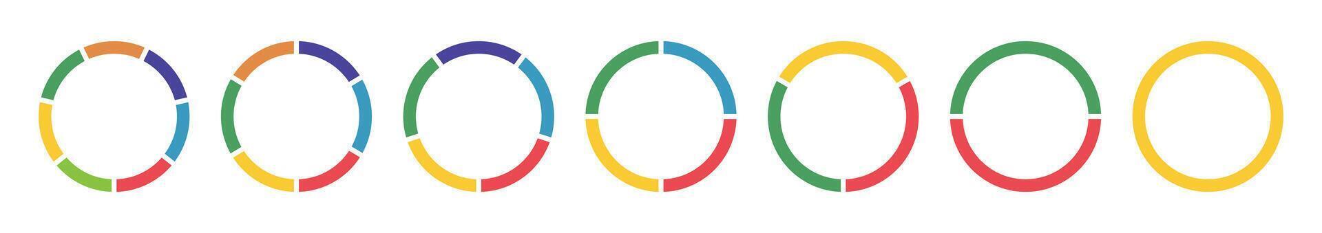 Donut charts, pies segmented on from 1 to 7 equal parts. Wheel divided in sections. Diagram multicoloured infographic. Circle section flat graph. Pizza chart round icons. Simple loading bar. vector