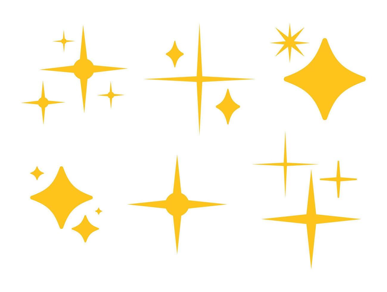 Golden sparkle stars. Set of minimalist twinkle stars. Stars yellow flat icons. Magic light flare pack for design. Blinking stars, sparks and sparkles. Glint glitter. Shining twinkle sunburst shapes. vector