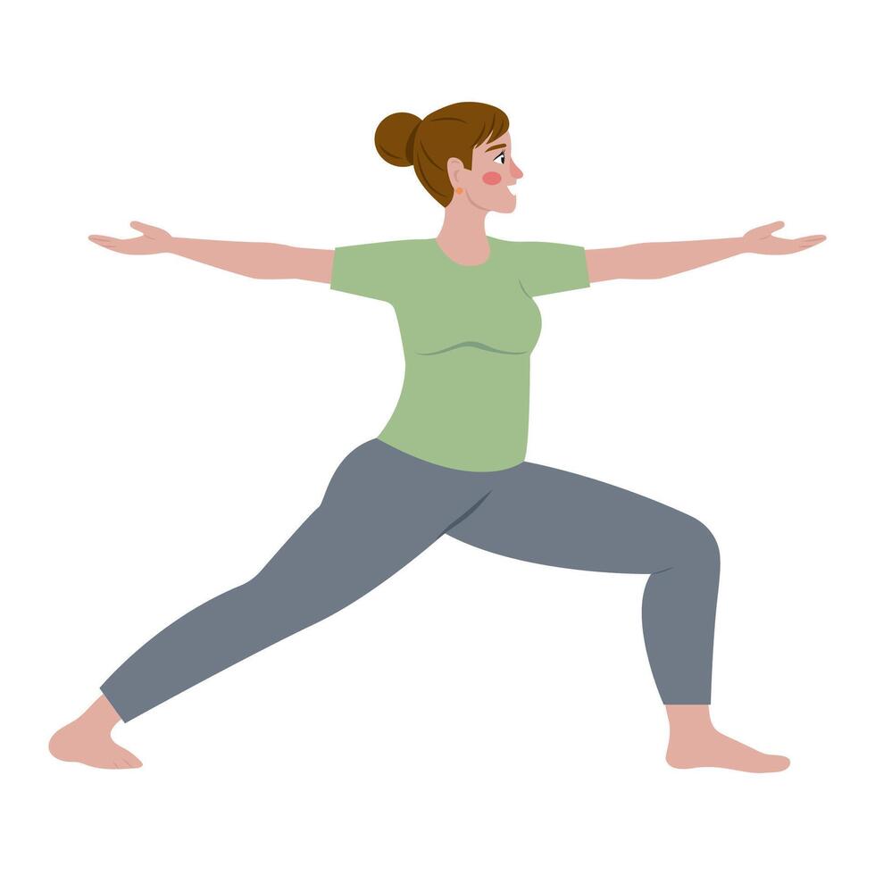 A woman is actively practicing the Warrior Yoga Pose in a beautifully illustrated scene, vector