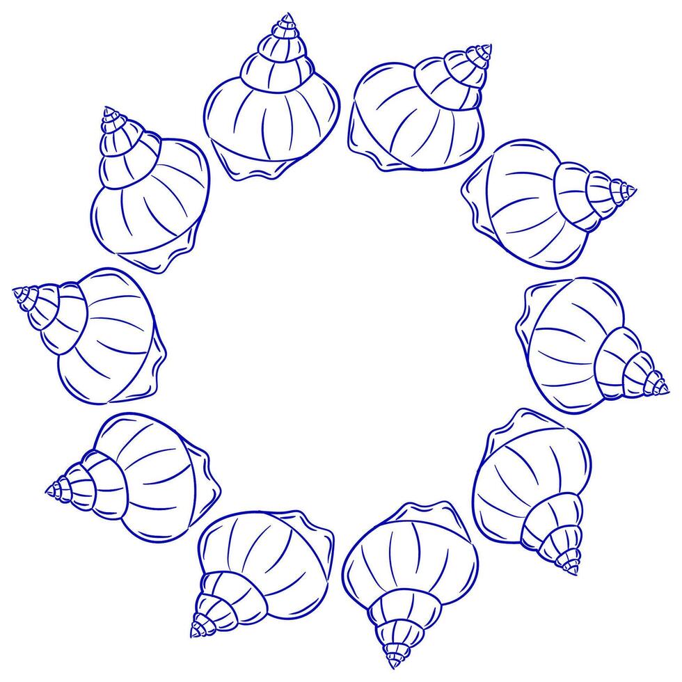 Round frame made of shells in Hand drawn whimsical style. Seashells arranged in a circular pattern on a white background showcasing their intricate details and natural beauty vector