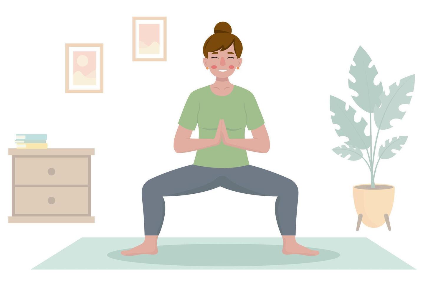 Woman practicing yoga exercises, meditating, and stretching on a mat. This character is depicted in a yoga studio or home setting. stylish flat illustration perfect for wellness. vector