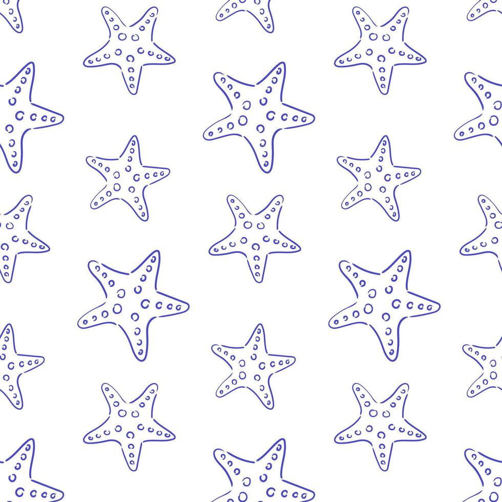 Pattern of blue starfish against a white background in a seamless design for fabric or wallpaper vector