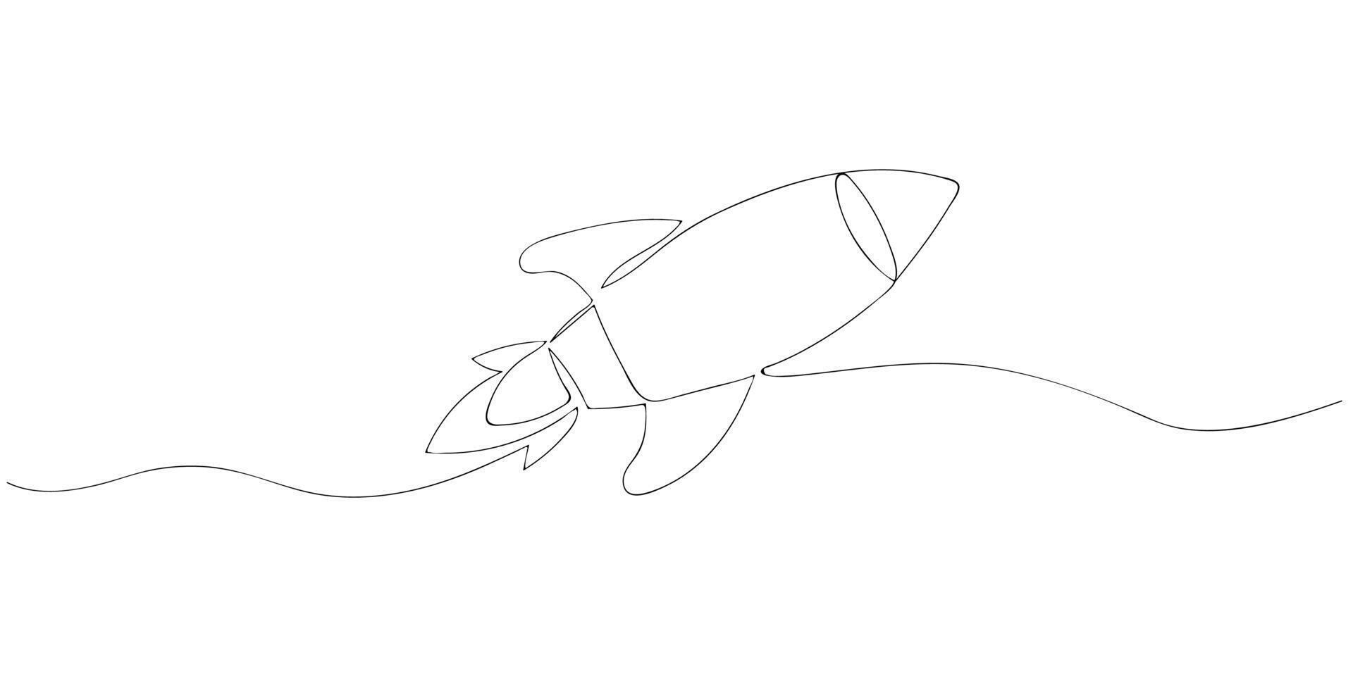Continuous line drawing of a rocket on a white background. Minimalistic one line sketch. vector