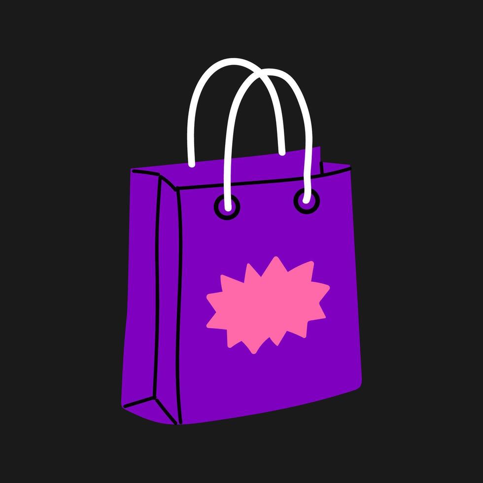 Colorful shopping bag with pink label on a dark background, showcasing vibrant design elements suitable for retail purposes vector