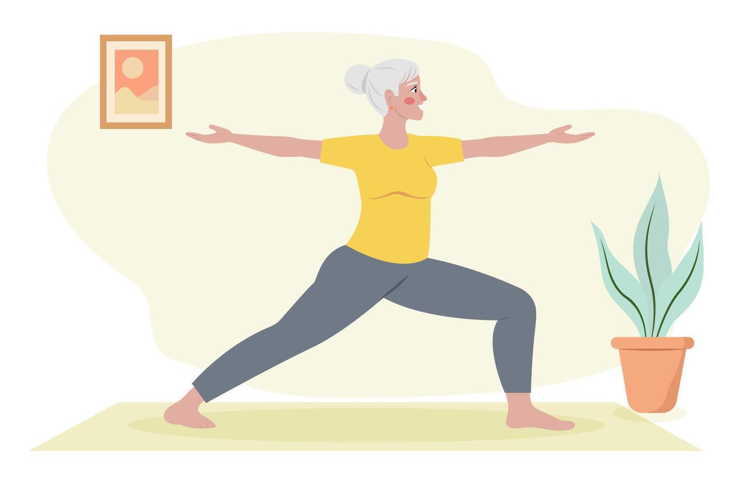 Pensioner woman doing yoga at home. Active lifestyle. illustration on a white background. vector