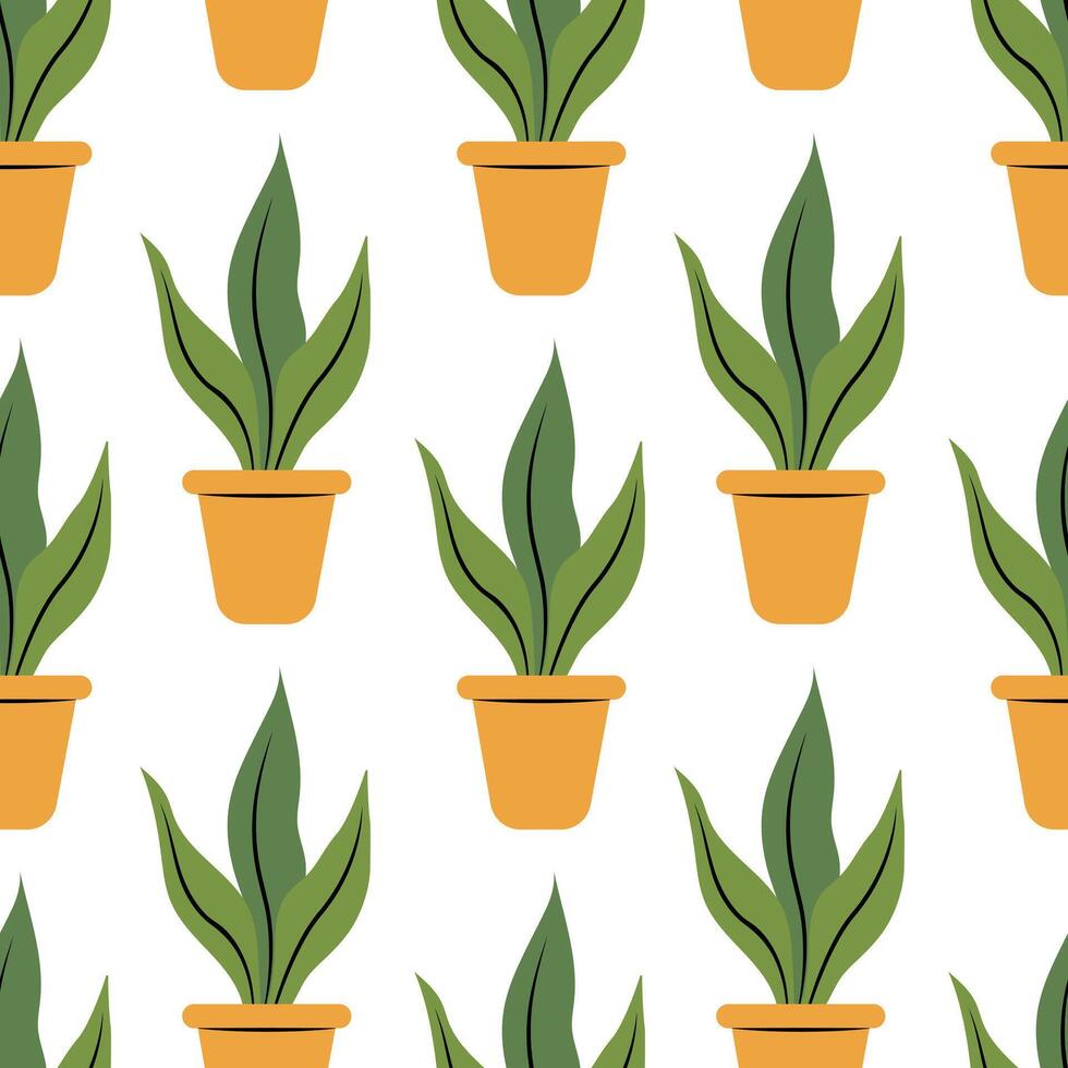 Seamless pattern with green leafed plants in pots on a white background. illustration in flat style. vector