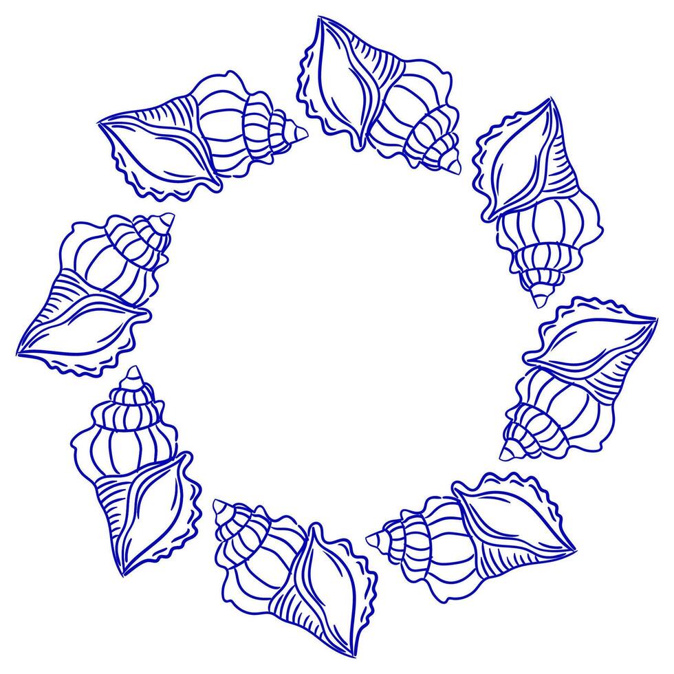 Round frame made of shells in Hand drawn whimsical style. vector