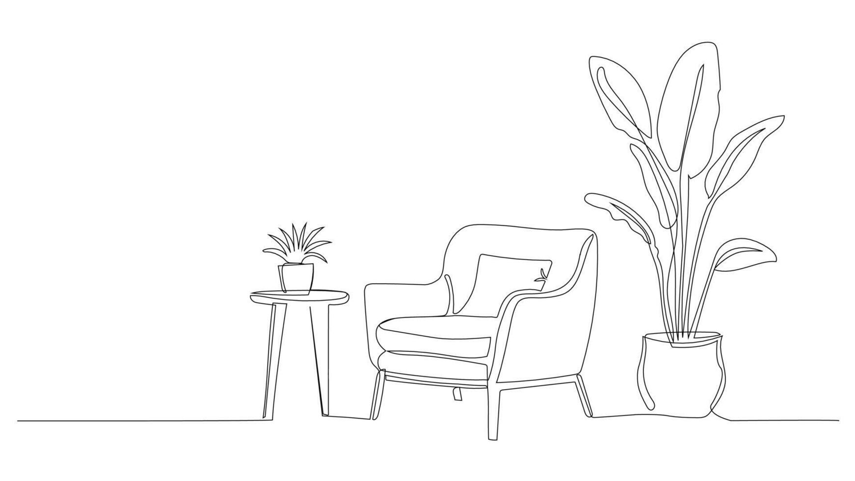 Minimalist continuous line drawing of armchair, lamp and plant. Modern loft-style living room interior. Editable illustration in linear doodle style. vector