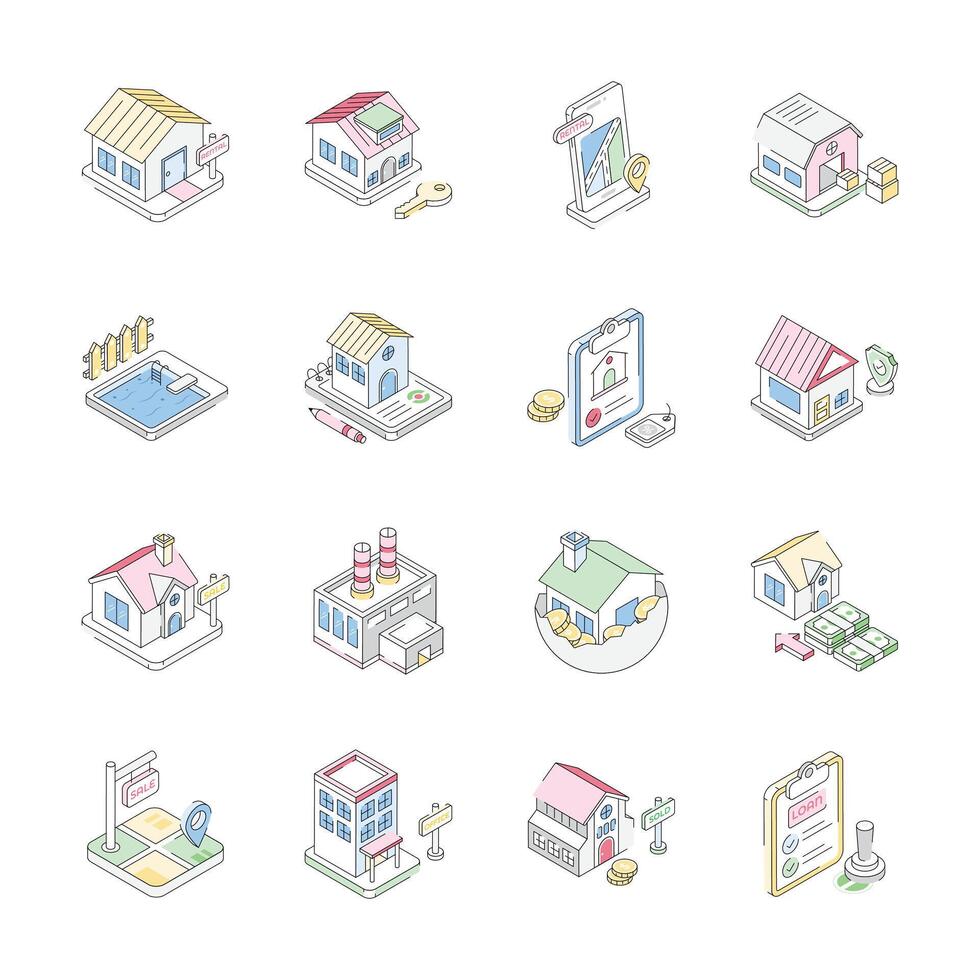 Latest Bundle of Real Estate Isometric Outline Icons vector