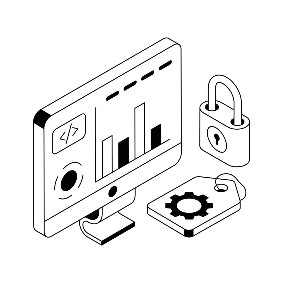 An isometric icon showing streamlined coding data process. vector