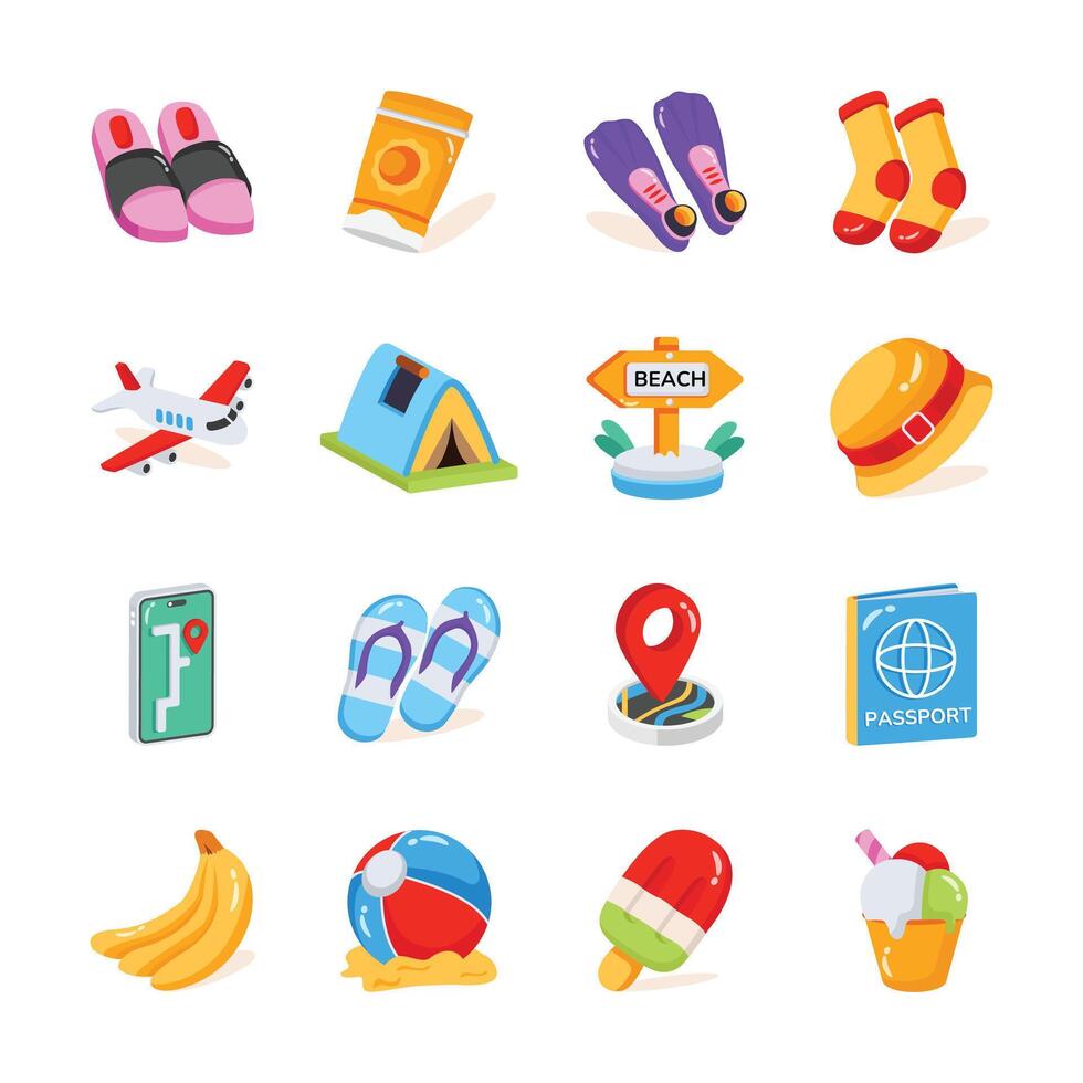 Grab this modern collection of summer and beach 2d style icons vector