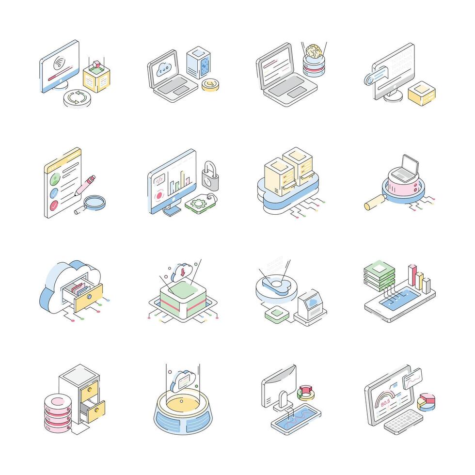 Modern Bundle of Data Analytics Isometric Outline Icons vector