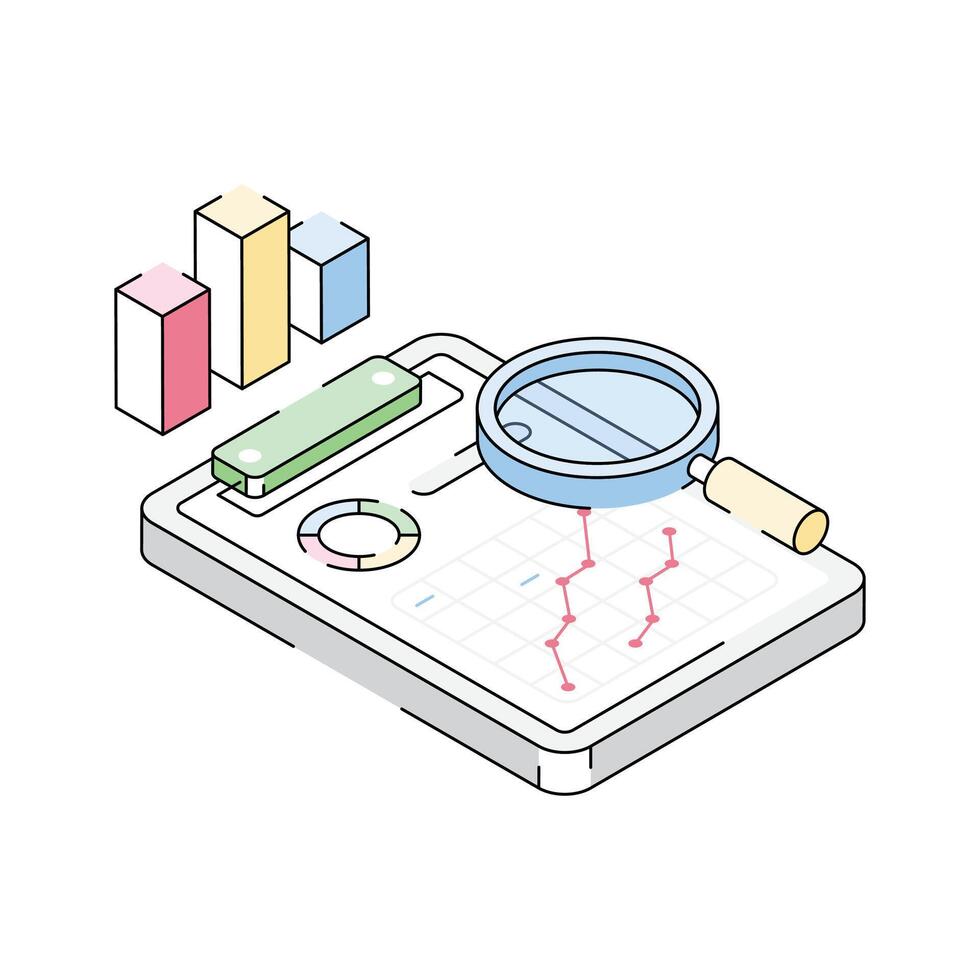 A premium isometric icon showing analytical report vector