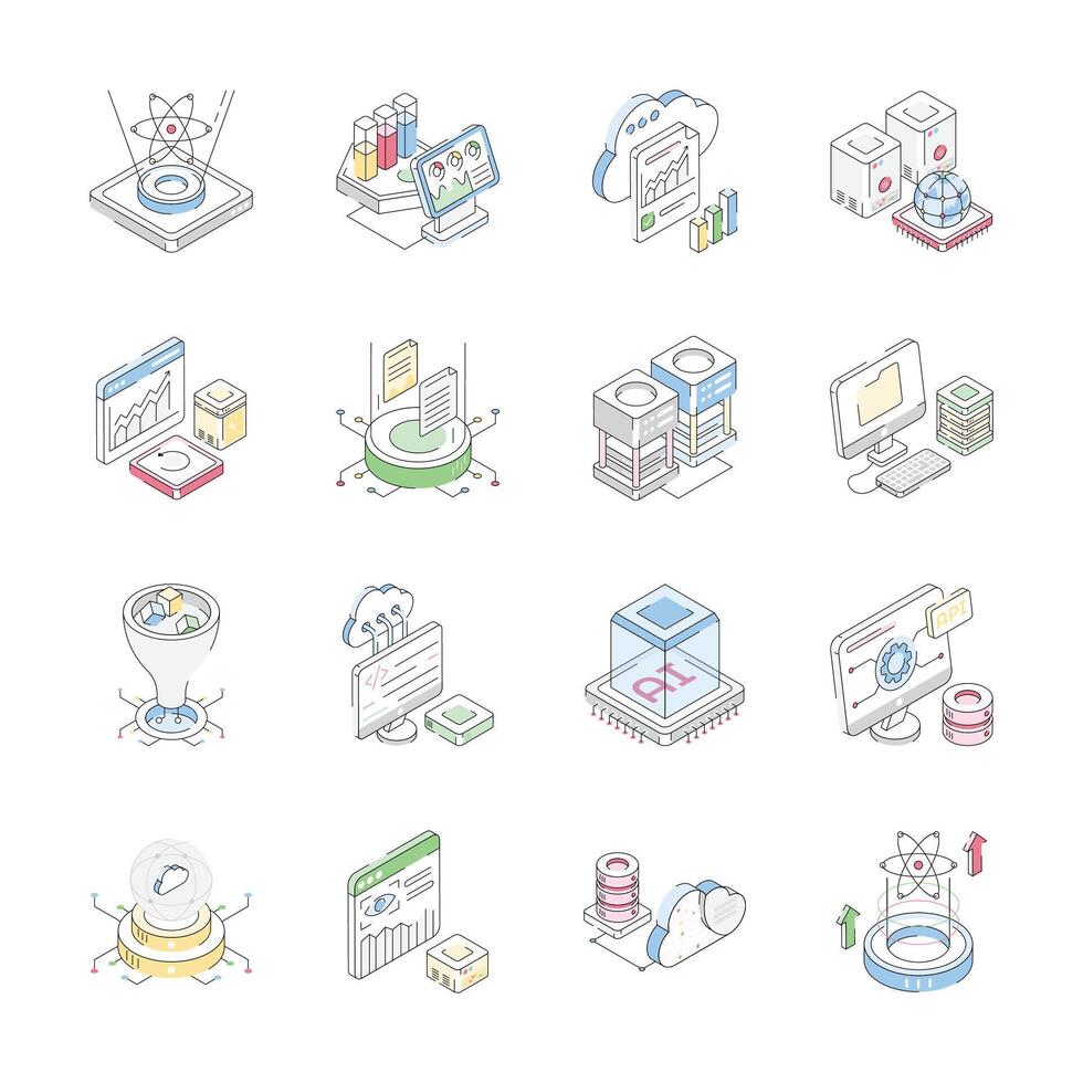 Latest Bundle of Data Science Isometric Outline Icons vector