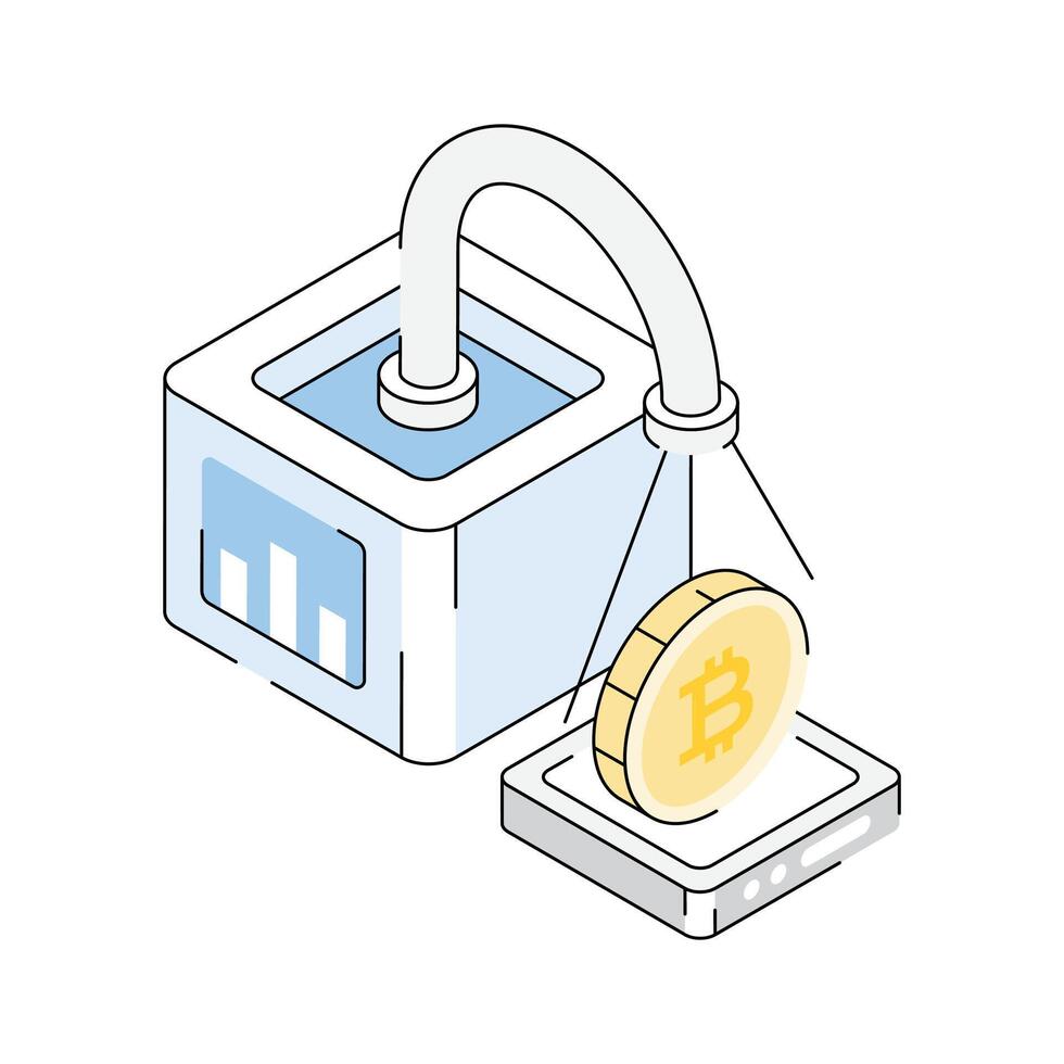 A modern isometric icon of bitcoin faucet service vector