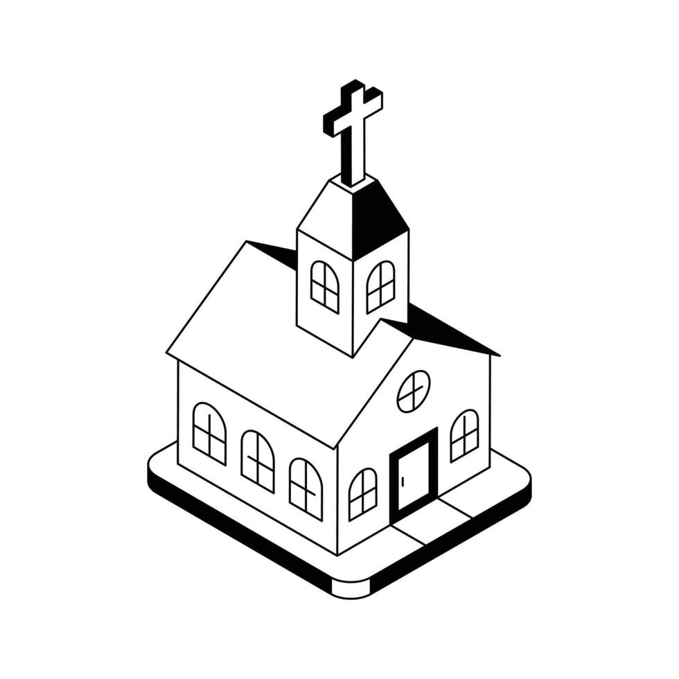 An isometric style icon showing a traditional church building. vector