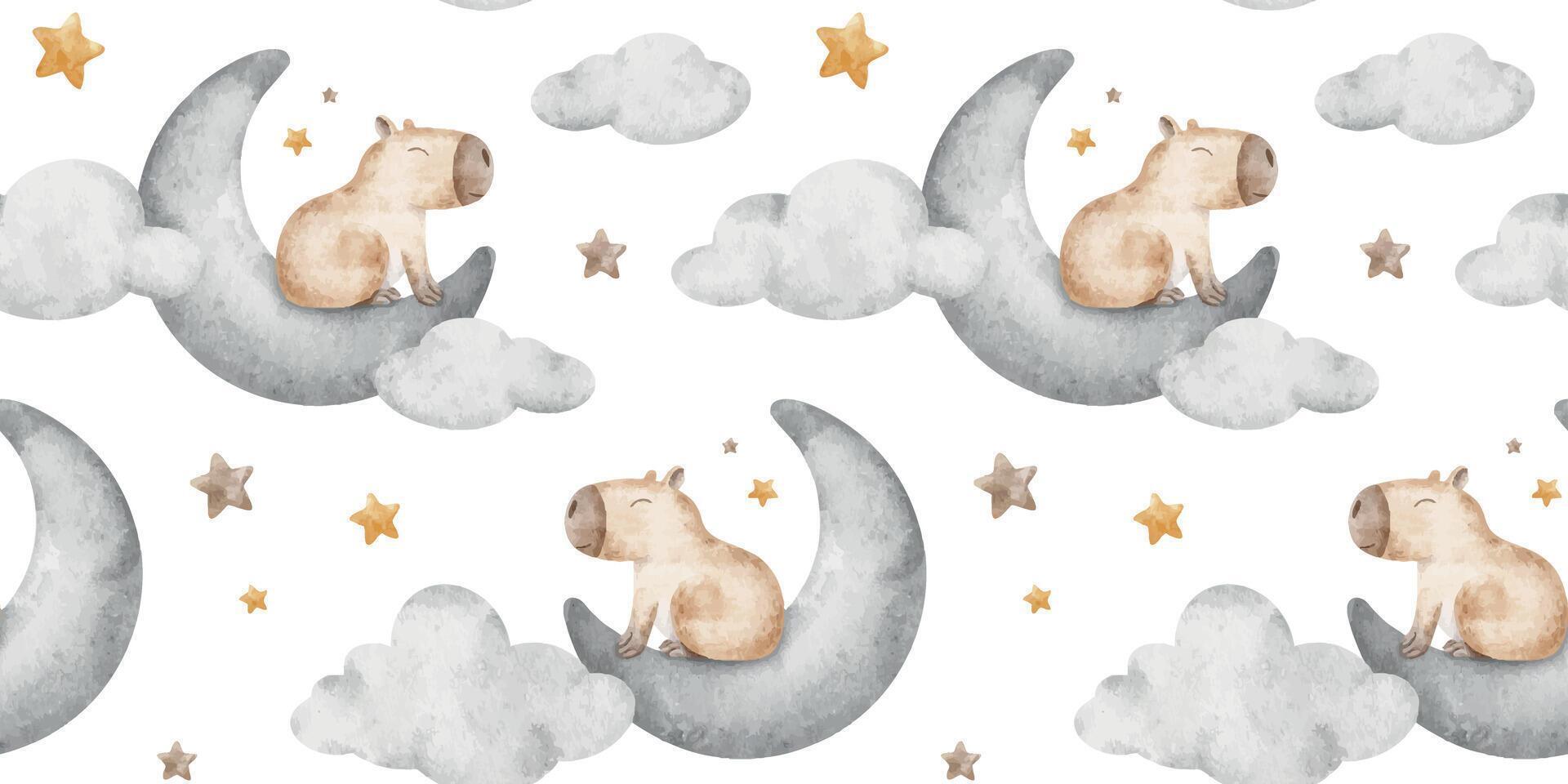 Capybaras sleeping on crescent moon among clouds and stars. Hand drawn watercolor kids seamless pattern. Repeat background of guinea pig for bed linen, textile, wrapping paper, clothes, pajamas vector