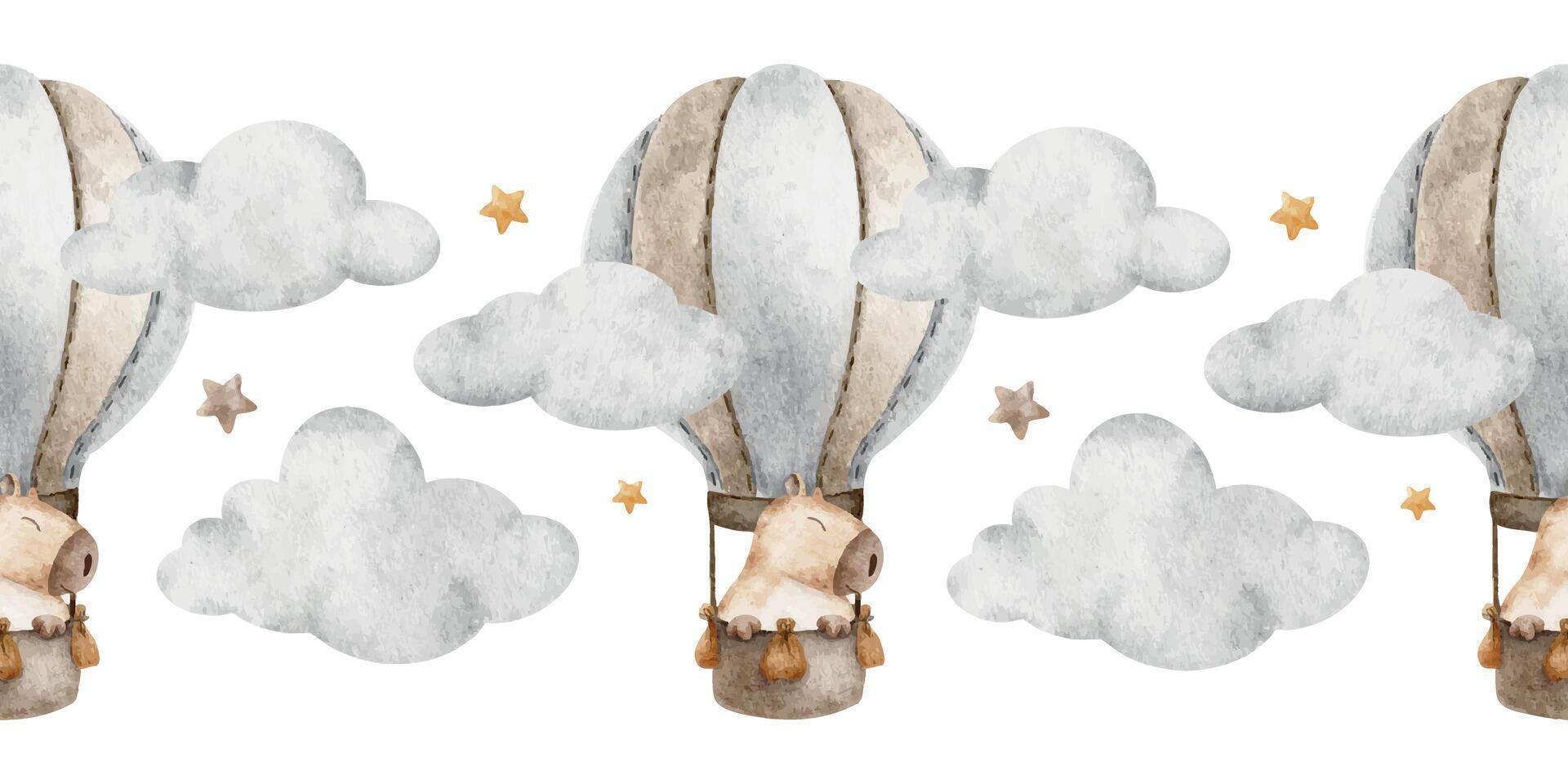 Hand drawn watercolor seamless border of capybara fly in hot air balloon among clouds and stars. Endless horizontal banner of character rodent animal. Background for wallpaper, kids room, baby shower vector