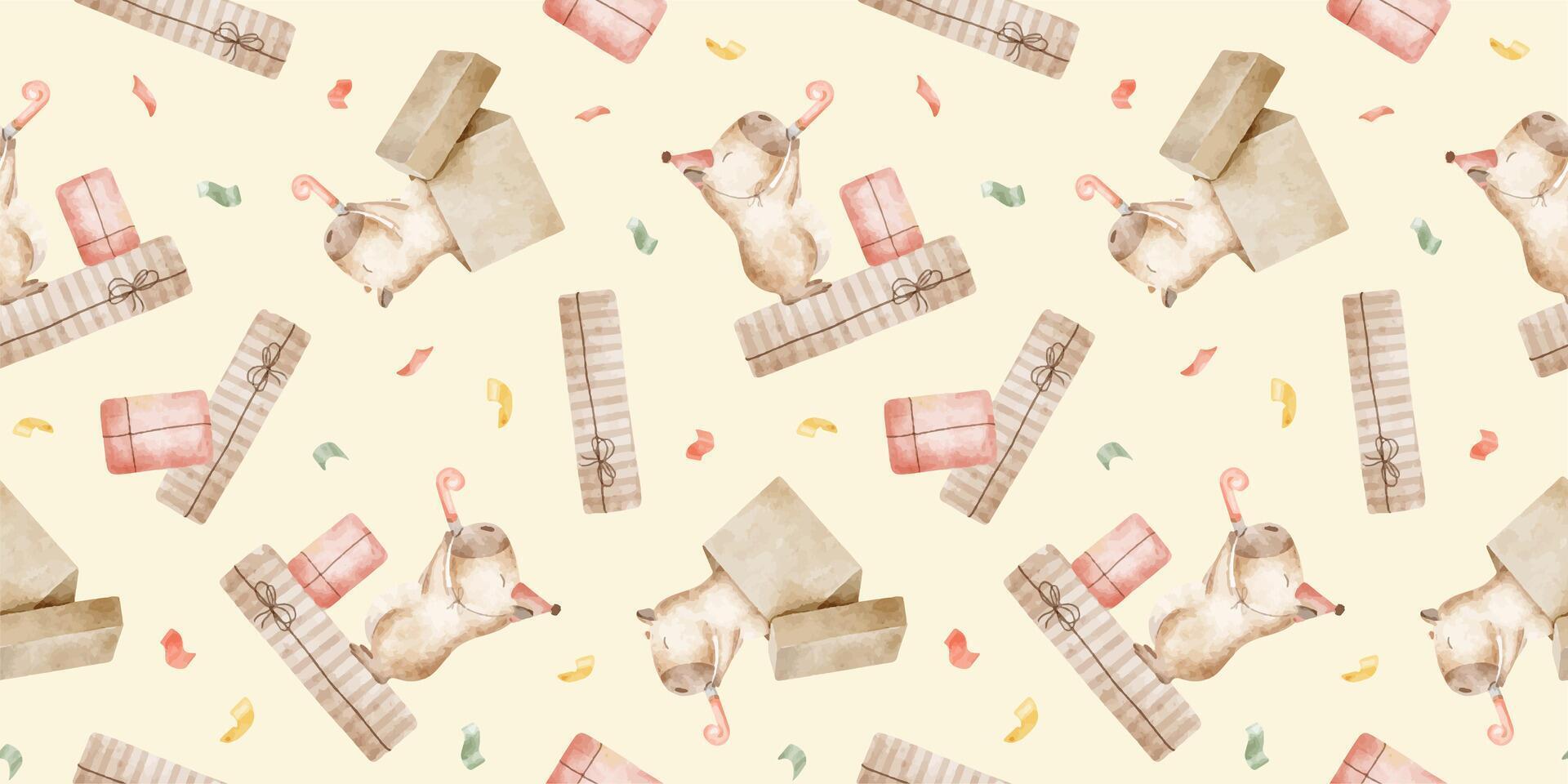 Capybara with party whistle, hat and gift boxes. Watercolor seamless surface pattern design. Print for birthday decoration, anniversary, congratulation, celebration, festive design, wrapping paper vector