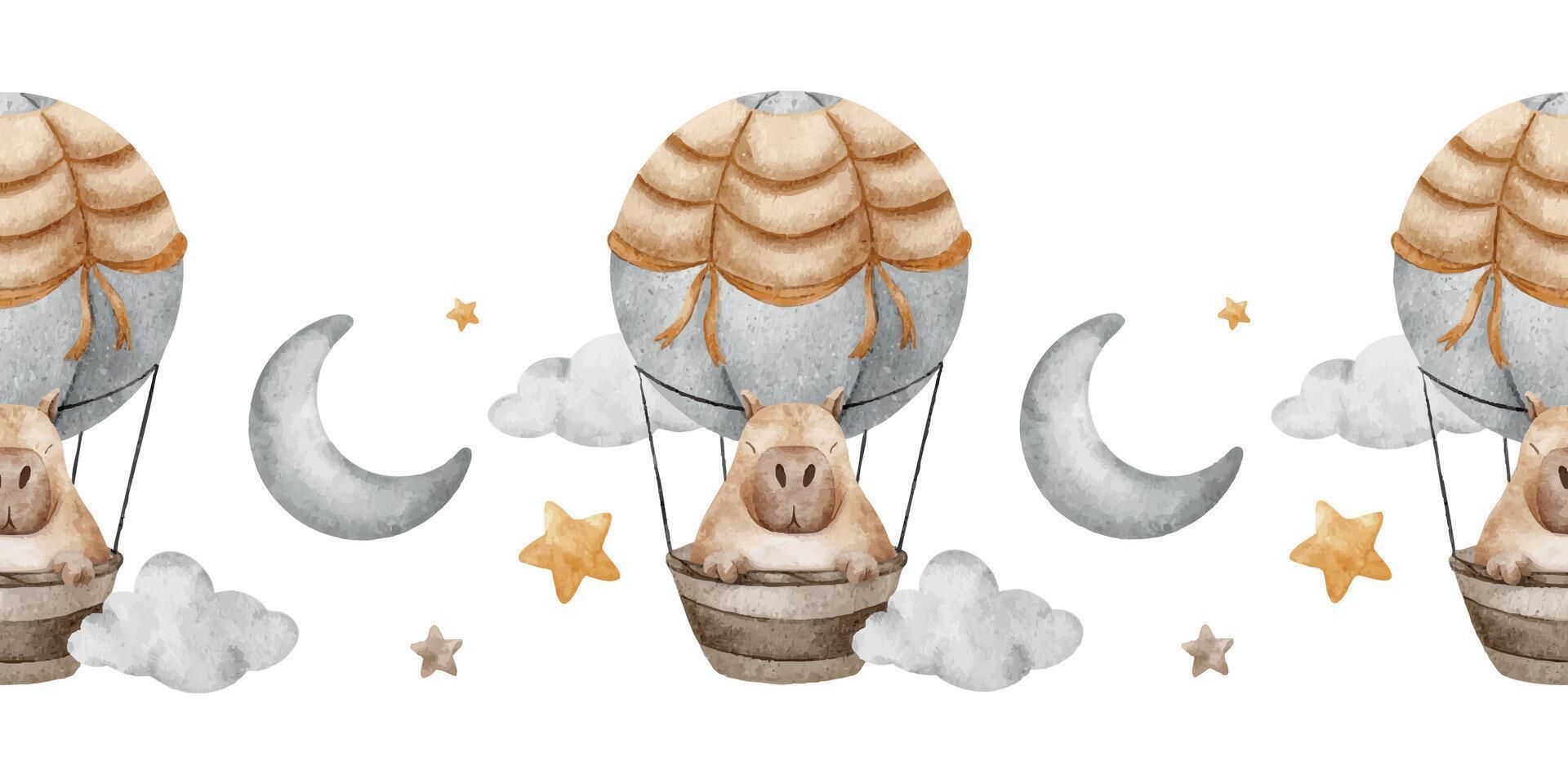 Hand drawn watercolor seamless border of capybara flying in hot air balloon among clouds, crescent moon and stars. Endless horizontal banner for wallpaper, kids room, baby shower vector