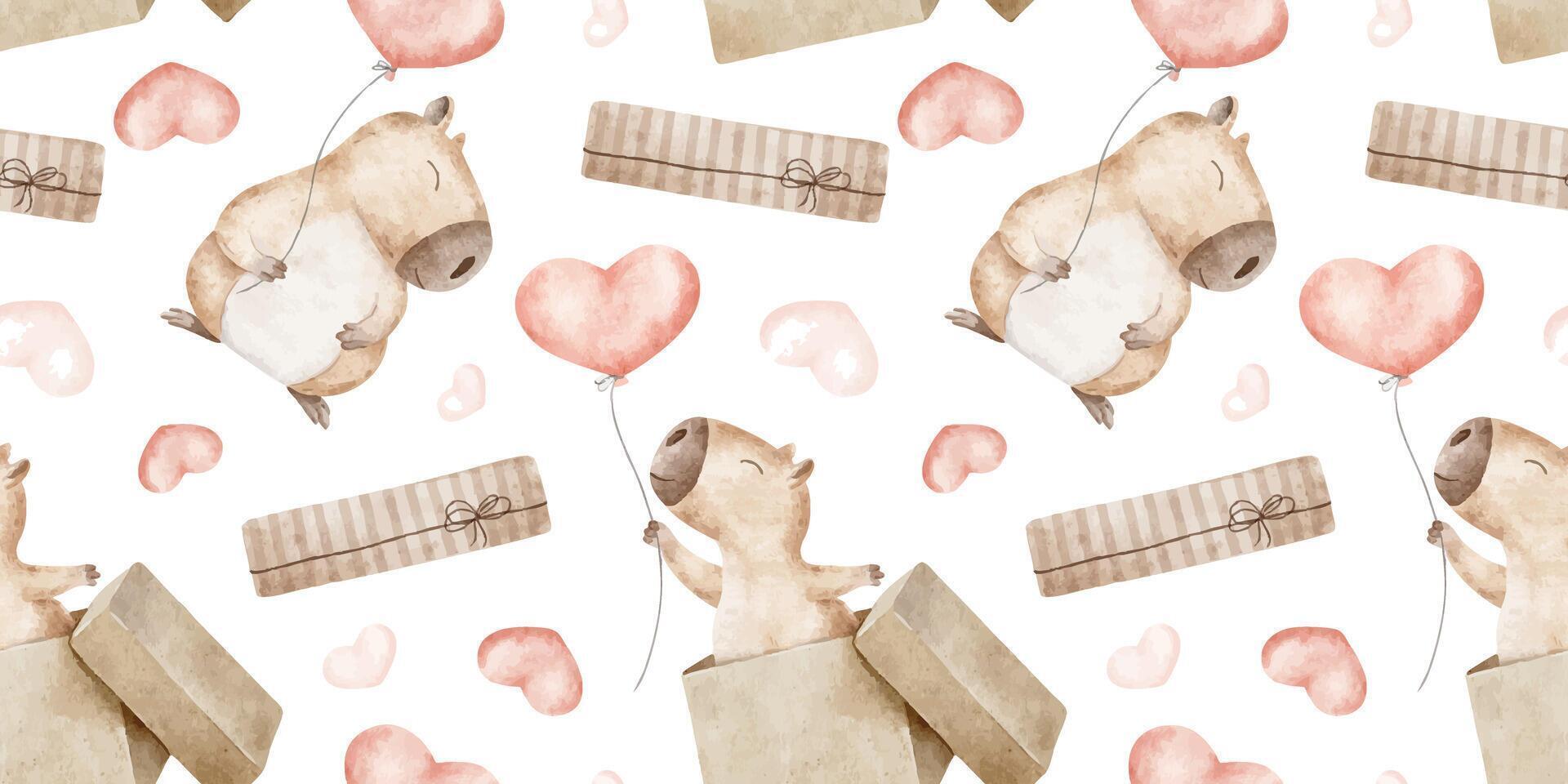 Capybaras with red hearts balloons and gift boxes. Valentine's Day background with cute rodent. Hand drawn watercolor seamless pattern. Print of guinea pig for February 14, textile, wrapping paper vector